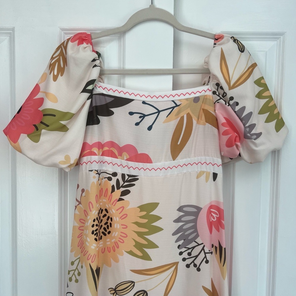 Floral Bohemian Square Neck‎ Puff Sleeve Tiered Ruffled Hem Maxi Dress Size M - Picture 3 of 16